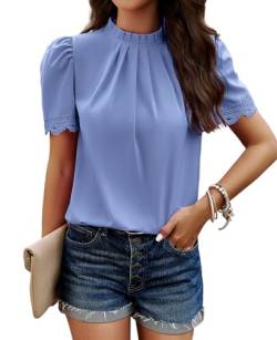 MYCOLORBLUE Chiffon Blusen Tuniken für Damen Elegant Falten Stehkragen Tops Puffärmeln T-Shirt Streetwear Blusenshirt Oberteile Elegantes Blau L von MYCOLORBLUE