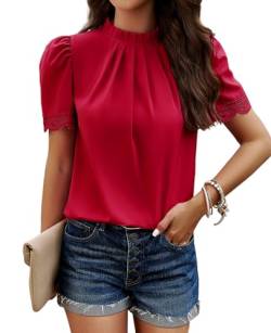 MYCOLORBLUE Chiffon Blusen Tuniken für Damen Elegant Falten Stehkragen Tops Puffärmeln T-Shirt Streetwear Blusenshirt Oberteile Rot -2 L von MYCOLORBLUE