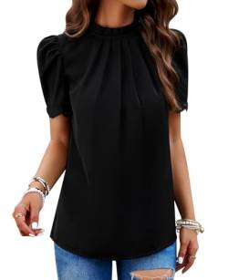 MYCOLORBLUE Chiffon Blusen Tuniken für Damen Elegant Falten Stehkragen Tops Puffärmeln T-Shirt Streetwear Blusenshirt Oberteile Schwarz M von MYCOLORBLUE