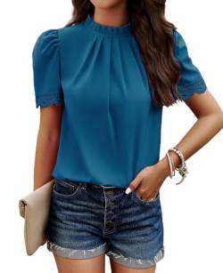 MYCOLORBLUE Chiffon Blusen Tuniken für Damen Elegant Falten Stehkragen Tops Puffärmeln T-Shirt Streetwear Blusenshirt Oberteile Seeblau L von MYCOLORBLUE