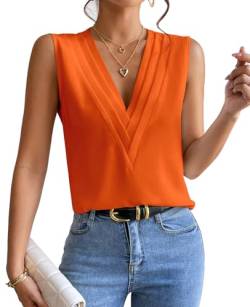 MYCOLORBLUE Damen Bluse Elegante Plissiert V-Ausschnitt Tops Ärmellose T Shirt Büro Arbeit Dressy Outfit Sommerweste Orange S von MYCOLORBLUE