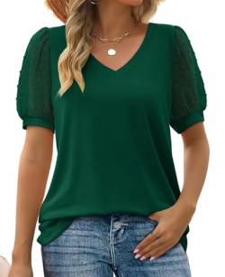 MYCOLORBLUE Damen T-Shirt Sommer V Ausschnitt Swiss Dot Puff Kurzarm Locker Freizeit Oberteile Grün XL von MYCOLORBLUE