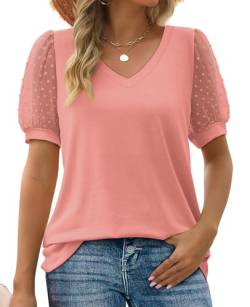 MYCOLORBLUE Damen T-Shirt Sommer V Ausschnitt Swiss Dot Puff Kurzarm Locker Freizeit Oberteile Rosa M von MYCOLORBLUE