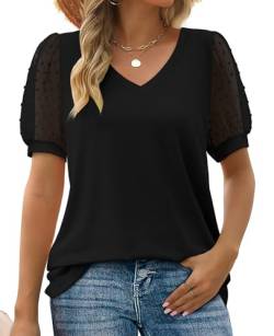 MYCOLORBLUE Damen T-Shirt Sommer V Ausschnitt Swiss Dot Puff Kurzarm Locker Freizeit Oberteile Schwarz S von MYCOLORBLUE