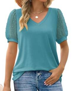 MYCOLORBLUE Damen T-Shirt Sommer V Ausschnitt Swiss Dot Puff Kurzarm Locker Freizeit Oberteile Teal M von MYCOLORBLUE