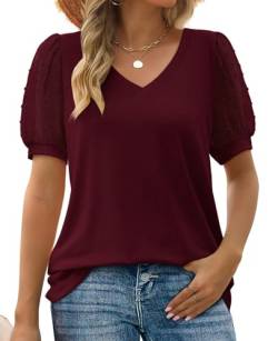 MYCOLORBLUE Damen T-Shirt Sommer V Ausschnitt Swiss Dot Puff Kurzarm Locker Freizeit Oberteile Wein S von MYCOLORBLUE