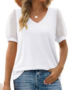 MYCOLORBLUE Damen T-Shirt Sommer V Ausschnitt Swiss Dot Puff Kurzarm Locker Freizeit Oberteile Weiß S von MYCOLORBLUE