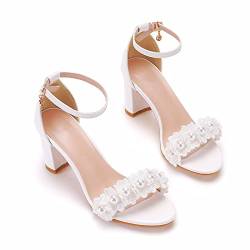 Hochzeitsschuhe Sandalen 7 cm Runde Zehe Quadratischer Absatz Dicke Ferse Flacher Mund Sandalen Perlen Blume Braut Hochzeit High Heel Sandalen,White 4cm,41 EU von MYFSPORTS