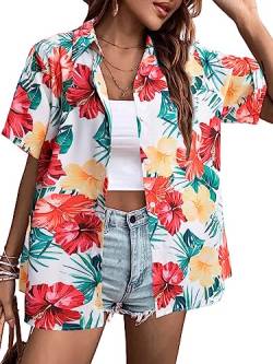 MYHALF Hawaii-Hemd für Damen, weich, cool, Sommer, Hawaii, Blumenmuster, tropischer Druck, V-Ausschnitt, kurzärmelig, Knopfleiste, Rot Gelb Floral A, Groß von MYHALF