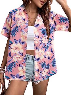 MYHALF Hawaii-Hemd für Damen, weich, cool, Sommer, Hawaii, Blumenmuster, tropischer Druck, V-Ausschnitt, kurzärmelig, Knopfleiste, pink floral, Groß von MYHALF