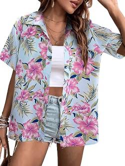 MYHALF Hawaii-Shirts für Damen: Blumenmuster, tropische Tops, Knopfleiste, V-Ausschnitt, kurzärmeliges Shirt, blau-blumig, Klein von MYHALF