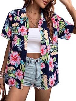 MYHALF Hawaii-Shirts für Damen: Oberteile mit Blumendruck, tropisches Knopfleiste, V-Ausschnitt, kurzärmelig, Schwarz Rosa Blume, Klein von MYHALF