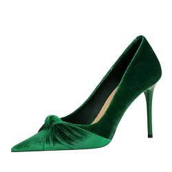 Damen Einfache Bankett High Heels, Schleife High Heels, Xishi Wildleder Flacher Mund Spitze Zehen Schuhe Vier Jahreszeiten Pumps, grün, 38.5 EU von MYJIO