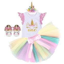 MYRISAM Baby Mädchen erster Geburtstag Kuchen Smash Einhorn Outfits Prinzessin Strampler Bodysuit Regenbogen Rock Einhorn Stirnband (Schuhe) Gr. 86, 005 Pink – 4 Stück. von MYRISAM