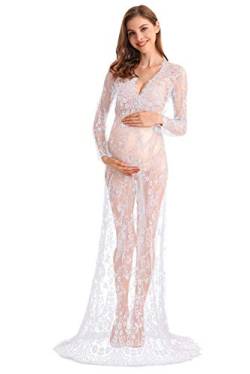 MYRISAM Boudoir Mutterschaft Langarm Spitzenkleid Sexy Frauen Tiefer V-Ausschnitt Hochzeit Baby Dusche Kleid Milch Bad Fotoshooting Kleid Gr. L, weiß von MYRISAM