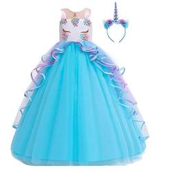 MYRISAM Mädchen Einhorn Kleid mit Stirnband Kinder Ärmellos Prinzessin Kleid Geburtstag Hochzeit Festzug Weihnachten Halloween Karneval Fotografie Lange Tüll Ballkleider Blau 6-7 von MYRISAM