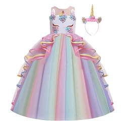 MYRISAM Mädchen Einhorn Kleid mit Stirnband Kinder Ärmellos Prinzessin Kleid Geburtstag Hochzeit Festzug Weihnachten Halloween Karneval Fotografie Lange Tüll Ballkleider Mehrfarbig 10-11 von MYRISAM