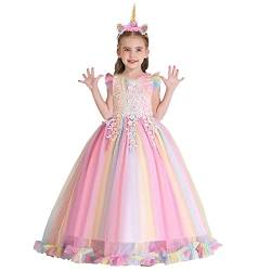 MYRISAM Mädchen Einhorn Kleid mit Stirnband Kinder Ärmellos Prinzessin Kleid Geburtstag Hochzeit Festzug Weihnachten Halloween Karneval Fotografie Lange Tüll Ballkleider Regenbogen 11-12 von MYRISAM