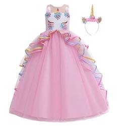 MYRISAM Mädchen Einhorn Kleid mit Stirnband Kinder Ärmellos Prinzessin Kleid Geburtstag Hochzeit Festzug Weihnachten Halloween Karneval Kostüm Fotografie Lange Tüll Ballkleider Rosa 4-5 von MYRISAM