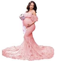MYRISAM Meerjungfrauenkleid für Damen, schulterfrei, mit Rüschen, schmal geschnitten, für Fotoshootings, Hochzeiten, Partys, Abschlussbälle, Babypartys - Pink - Mittel von MYRISAM