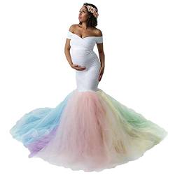 MYRISAM Schwangere Frauen weiße Spitze Regenbogen Tüll Umstandskleid Schulterfrei Sweetheart Meerjungfrau Fotoshooting Kleid mit Zug - Weiß - Mittel von MYRISAM