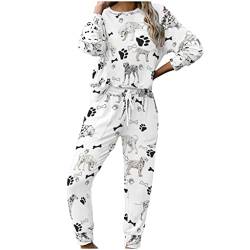 MYSLC Damen Pyjama Set Jogginganzug Freizeitanzug Dalmatiner Hunde Frauen Schlafanzug Nachtwäsche Lang 2 Teilig Sportanzug Sleepwear Sport Yoga Outfit White M von MYSLC