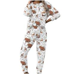 MYSLC Damen Pyjama Set Trainingsanzug Hausanzüge Wald Bär Hirsch Fuchs Kaninchen Blumen Frauen Schlafanzug Nachtwäsche mit Tasche Zweiteiliger Sportanzug Sleepwear für Sport und Freizeit Multicolor L von MYSLC