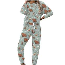 MYSLC Damen Pyjama Set Trainingsanzug Loungewear Wald Bär Hirsch Fuchs Kaninchen Blumen Tiere Frauen Schlafanzug Nachtwäsche Druck 2 Stück Sportanzug Sweatshirt and Hose für Sport und Multicolor XL von MYSLC