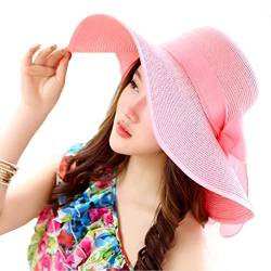 MYSNKU Damen Strohhut mit großer Schleife, groß, faltbar, zum Aufrollen, Sonnenhut für den Sommer, UV-Schutz, Strandkappe - Pink - Large von MYSNKU