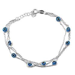 Mystic Jewels by Dalia 19 cm Armband aus Silber mit bösen Augen, dreifache Kette mit kleinen Augen, für Glück, Kristall… (Hellblau) von MYSTIC JEWELS