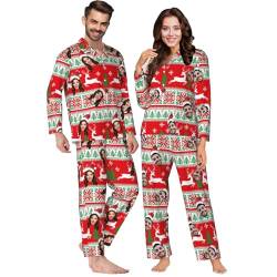 MYZQIFF Personalisierter Foto-Pyjama mit lustigem Gesicht für die Familie, Kariertes Pyjama Set, passende Weihnachts-Langarm-Pyjama-Sets für Paare, lustige Geschenke für Damen und Herren von MYZQIFF