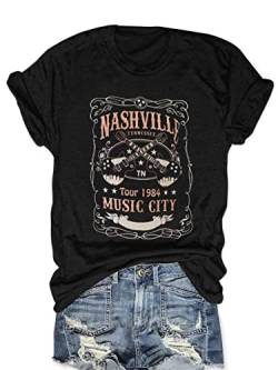 Frauen Vintage Graphic Tees Rock Band Fashion Country Music T Shirt Funny Concert Outfit Kurzarm Urlaub Tops, A-nashville Schwarz, Groß von MZEAZRK