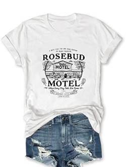 T-Shirt mit Aufdruck "Rosebud Motel" für Damen, Sommer, kurzärmelig, Grafik-T-Shirt, Weiß, X-Groß von MZEAZRK