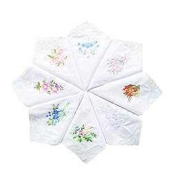 Mix Lot Damen-Taschentücher mit Stickerei, Blumenmuster, Baumwolle, Spitzenborte, Hochzeits-Einstecktuch - Weiß - Packung 12 von MZLIU