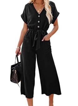 Damen Casual Playsuits Kurzarm Button Down Jumpsuits Elegant V Ausschnitt Baggy Gürtel Strampler mit Taschen, Schwarz , 36 von MZSYLK