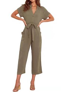 MZSYLK Damen Casual Playsuits Kurzarm Button Down Jumpsuits Elegant V Neck Baggy Belted Romper with Pockets, Army Grün, 46, XL von MZSYLK