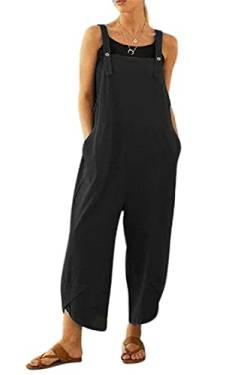 MZSYLK Damen-Overall, lässig, lockere Latzhose für Damen, Baumwollleinen, ärmellos, Riemchen, lässig, Playsuit, Hose mit Taschen, weites Bein, Overall, Schwarz 1, 48 von MZSYLK