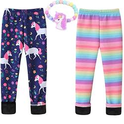 MZSYLK Mädchen Fleece Gefütterte Leggings Set Dicke Thermohose Baumwolle Bunte Mädchen Winter Warme Hose Blumendruck Strumpfhose, Einhorn+Regenbogen, 5-6 Jahre von MZSYLK