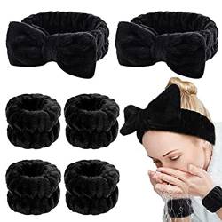 1 Stück Spa Bowknot Haarbänder mit 2er Handgelenk-Spa-Armbänder Coral Fleece Elastisches Makeup Stirnbänder für Frauen Duschen Gesicht Waschen Yoga Sport Stirnband Handgelenk Waschband Set (A) von MaNMaNing