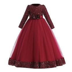 MaNMaNing Kinder Kleinkind Mädchen Weihnachten Langarm Druck Tüll Stickerei Spitze Rüschen Party Abendkleid Hochzeitskleid Prinzessin Kleid (Red, 16-17 Years) von MaNMaNing