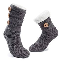 MaaMgic 1 Paar Kuschelsocken mit ABS Sohle, 20+ Stils Hüttensocken | Warme Damen Socken | Wintersocken mit Anti Rutsch Noppen, dicke Haussocken MEHRWEG,Knopf Grau 2023 von MaaMgic