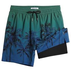 MaaMgic Badehose Herren Badeshorts mit Kompression 2 in 1 | 7" Schnelltrocknend Strandhose für Männer Kurz Boardshorts Mit Innenhose Reißverschlusstasche XS-XXL,Kokosnuss-Gradient-Grün,XXL von MaaMgic