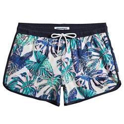 MaaMgic Badeshorts Damen Damen-Shorts mit Netztasche Schnelltrocknende Hotpants Atmungsaktiv Sport Shorts Blau Grün-Blätter XL von MaaMgic