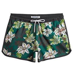 MaaMgic Badeshorts Damen Damen-Shorts mit Netztasche Schnelltrocknende Hotpants Atmungsaktiv Sport Shorts Dunkelgrün-Weiß Blumen L von MaaMgic