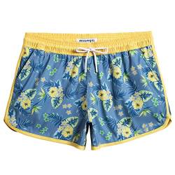 MaaMgic Badeshorts Damen Damen-Shorts mit Netztasche Schnelltrocknende Hotpants Atmungsaktiv Sport Shorts Grau Blau-Gelb Blumen L von MaaMgic