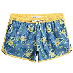 MaaMgic Badeshorts Damen Damen-Shorts mit Netztasche Schnelltrocknende Hotpants Atmungsaktiv Sport Shorts Grau Blau-Gelb Blumen XL von MaaMgic