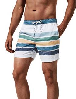 MaaMgic Herren Badehose Jungen Badeshorts Sporthose Schnelltrockend Sport Schwimmhose mit Mesh in vielen Farben, Größen XS - 2XL, Weiß Blau Gestreift L von MaaMgic