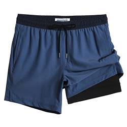 MaaMgic Herren Badehose lässige Badeshorts mit Kompression 2 in 1 | 5.5" Schnelltrocknend Swim Shorts Kurz Strandhose für Männer Mit Innenhose XS - XXL,Blaugrau Schwarz 5.5,XS von MaaMgic