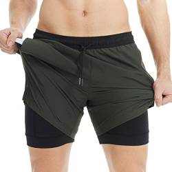 MaaMgic Herren Badehose lässige Badeshorts mit Kompression 2 in 1 | 5.5" Schnelltrocknend Swim Shorts Kurz Strandhose für Männer Mit Innenhose XS - XXL,Dunkelgrün Schwarz 5.5,L von MaaMgic