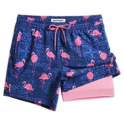 MaaMgic Herren Badehose lässige Badeshorts mit Kompression 2 in 1 | 5.5" Schnelltrocknend Swim Shorts Kurz Strandhose für Männer Mit Innenhose XS - XXL,Flamingo Dunkelblau 5.5,S von MaaMgic